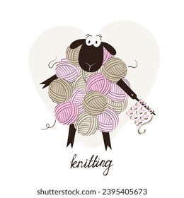 Funny sheep made of yarn balls. Vector cartoon love knitting illustration