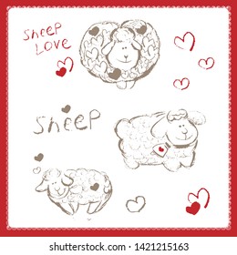 Funny sheep in the meadow. Love sheep Graphics. Pencil.