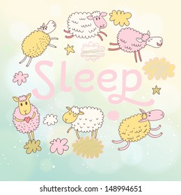 Funny sheep on clouds in vector card. Cartoon childish background. Sleeping concept illustration 