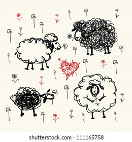 Funny Sheep On Meadow, Sketch For Your Design