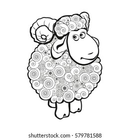Funny sheep on white background. Silhouette of the sheep. Cartoon illustration of funny ram for coloring book.