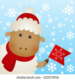 Funny sheep on winter background