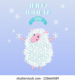 Funny sheep playing with falling snow. Hand drawn vector illustration.
