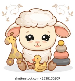 Funny sheep playing with toys. Giraffe, yellow duck and pyramid. Decorative scarf for nursery. Vector illustration in flat style. For posters, banners, cards and packages