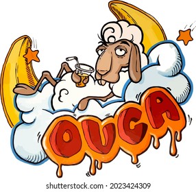 Funny sheep relaxing on the cloud, while drinking. Moon in the background. Handmade illustration.