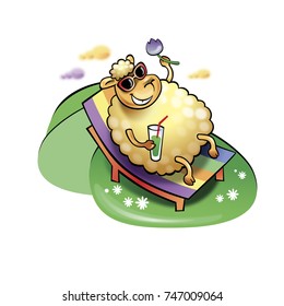 Funny sheep resting lies on a lounger with glasses drinking cocktail