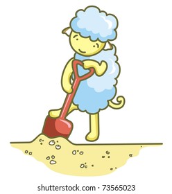Funny sheep with shovel.