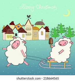 Funny sheep sledding and eating ice cream. Hand drawn vector illustration.