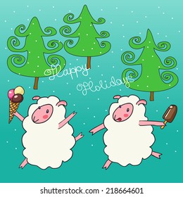 Funny sheep walking and eating ice cream. Hand drawn vector illustration.