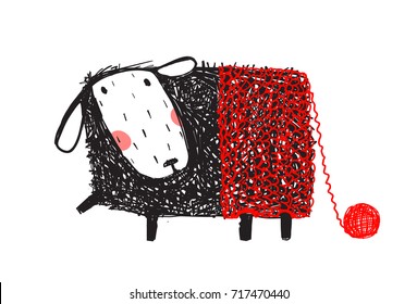 Funny Sheep Wearing Knitted Warm Pants. Lamb and knitting hobby hand drawn cartoon. Vector illustration.