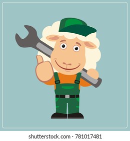 Funny sheep in wearing overalls with the large wrench on her shoulder in cartoon style.