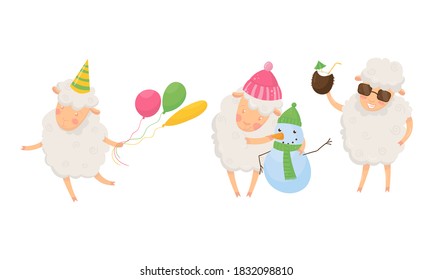 Funny Sheep with White Wool Drinking Cocktail and Building Snowman Vector Set