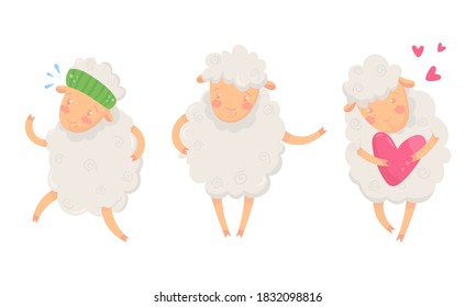 Funny Sheep with White Wool Running and Holding Heart Vector Set