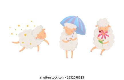 Funny Sheep with White Wool Sleeping and Smelling Flower Vector Set