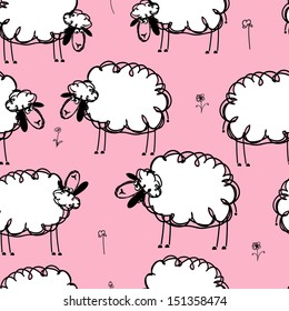 Funny sheeps on meadow, seamless pattern for your design