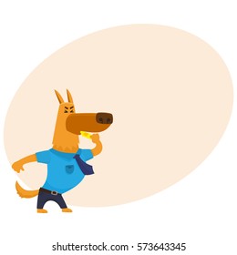 Funny shepherd dog character in blue police uniform blowing a whistle, cartoon vector illustration with place for text. Police dog character blowing a whistle