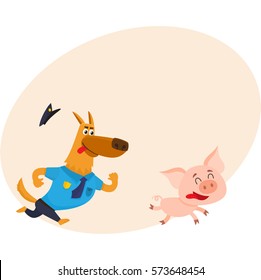 Funny shepherd dog character in blue police uniform chasing a pig, cartoon vector illustration with place for text. Funny police dog character running after little pig