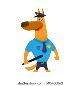 Funny shepherd dog character in blue police uniform having cap, badge and baton, cartoon vector illustration isolated on white background. 