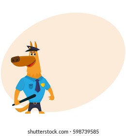 Funny shepherd dog character in blue police uniform having cap, badge and baton, cartoon vector illustration with place for text. Police dog character in typical uniform