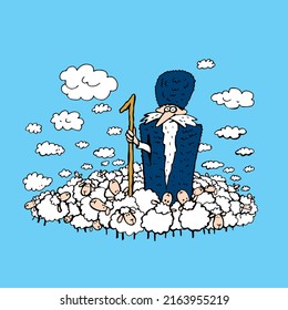 Funny shepherd with long beard and flock of sheep that look like clouds