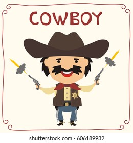 Funny sheriff in cowboy hat with two guns in cartoon style.