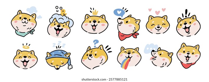 Funny Shiba Inu. Dog emoji. Cute puppy emoticons. Happy pet faces. Animal character. Different expressions and mood. Doggy head with rainbow. Sleeping and bathing. Garish