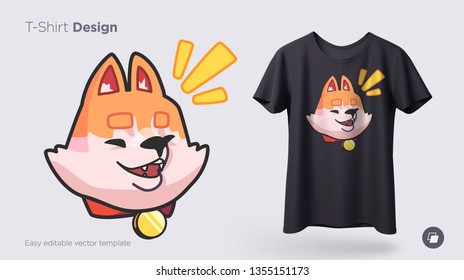 Funny shiba inu dog. Print on T-shirts, sweatshirts, cases for mobile phones, souvenirs. Vector illustration