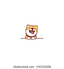 Funny shiba inu dog smiling over wall cartoon, vector illustration