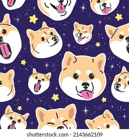 FUNNY SHIBA INU MIT EINIGEN VERSCHIEDENEN AUSDRÜCKEN AUF DEM RAUMHINTERGRUND. FLACHPATTERN-DESIGN.