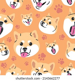 FUNNY SHIBA INU WITH SOME DIFFERENT EXPRESSIONS IN THE ORANGE COLOUR BACKGROUND. FLAT PATTERN DESIGN.