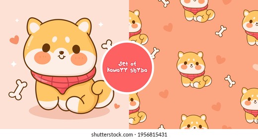 Gracioso vector Shiba inu y patrón fondo colección kawaii: Animales de dibujos animados de perros para mascotas. Dibujo a mano Ilustración para niños de arte de moda, libros para niños, tarjetas de felicitación.