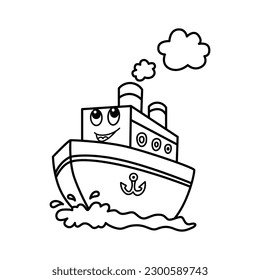Funny ship cartoon characters vector illustration. For kids coloring book.