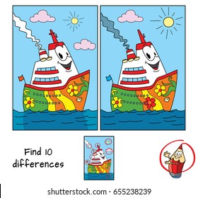 Funny ship. Find 10 differences. Educational game for children. Cartoon vector illustration