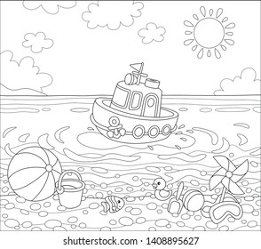 Funny ship floating in water and other baby toys on sand of a sea beach on a sunny summer day, black and white vector illustration in a cartoon style for a coloring book
