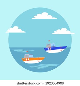 Funny ships in cartoon style. Vessel sailing in the waves in the blue sea flat vector illustration. Small boat with a life buoy on board, window porthole, hull of a white yachts with anchors