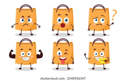 funny shopping bag cartoon with different expressions character design illustration