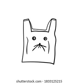 Funny shopping bag with face. Vector illustration. Coloring book page element.