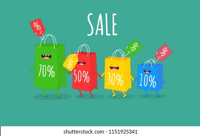 Funny shopping bags with price tags illustration. Smiling discount packets holding hands. Sellout. Discount offer. Hot price. Sale bags cartoon characters. Color vector promotional poster design.