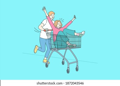 Funny shopping, Having fun, togetherness concept. Positive man and woman cartoon characters riding on shopping cart and having fun together over blue background vector illustration