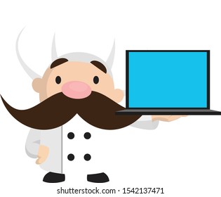 Funny Short Chef - Presenting a Laptop Vector