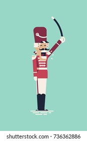 Funny shouting hussar guard soldier in parade formal dress. Cool vintage colors christmas character nutcracker waiving with cavalry sword