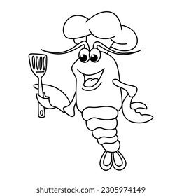 Funny shrimp chef cartoon characters vector illustration. For kids coloring book.