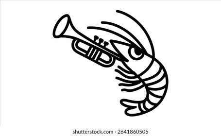Funny Shrimp Playing Trumpet Vector. Cartoon Seafood Musician Clipart.