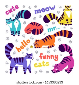 Funny shy cats, set of illustrations colorful characters isolated on a white background. Flat hand drawn cartoon style cute kitten collection for t-shirts, web, children's room design. Vector