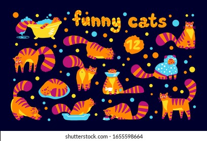 Graciosos gatos tímidos, un conjunto de ilustraciones de personajes coloridos sobre fondo oscuro. Dibujo a mano plana estilo caricatura linda colección de gatitos para tv-pantalones, web, diseño de habitación para niños. Vector
