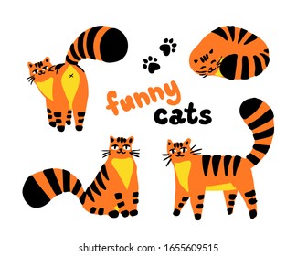 Funny shy cats, set of illustrations color characters isolated on a white background. Flat hand drawn cartoon style cute kitten collection for t-shirts, web, children's room design. Vector