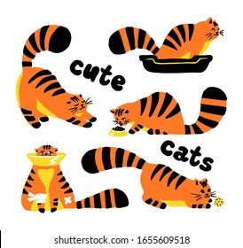 Funny shy cats, set of illustrations color characters isolated on a white background. Flat hand drawn cartoon style cute kitten collection for t-shirts, web, children's room design. Vector