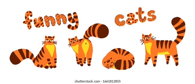 Funny shy cats, set of illustrations color characters isolated on a white background. Flat hand drawn cartoon style cute kitten collection for t-shirts, web, children's room design. Vector