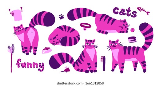 Funny shy pink cats, set of illustrations color characters isolated on a white background. Flat hand drawn cartoon style cute kitten collection for t-shirts, web, children's room design. Vector