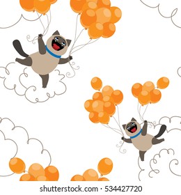 Funny Siamese cat holding orange balloons and flying through the sky. Vector Seamless pattern.